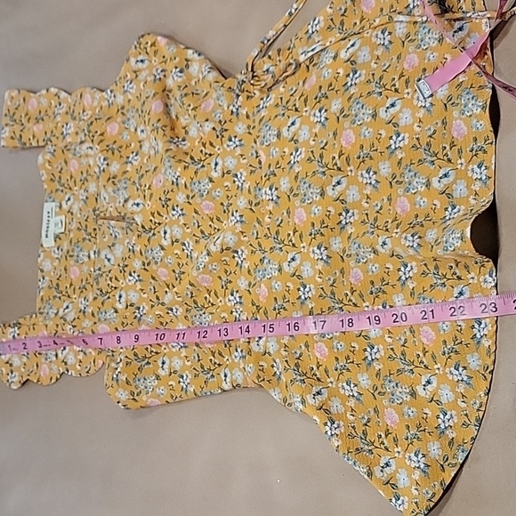 Monteau Size S Yellow Blue and White Floral Faux Wrap Peplum Sleeveless Blouse - Picture 9 of 12